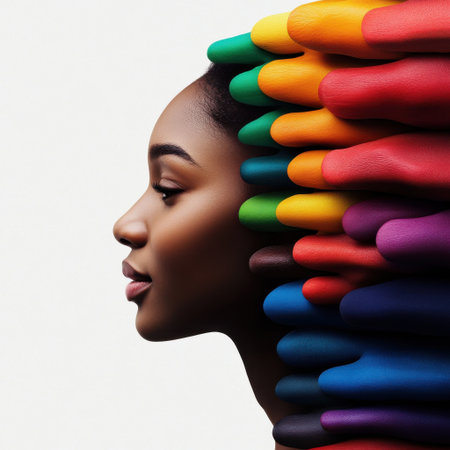 A woman's face is shown with a colorful head of hair. The hair is made up of various colored gloves, creating a vibrant and eye-catching look. Concept of creativity and individualityの素材