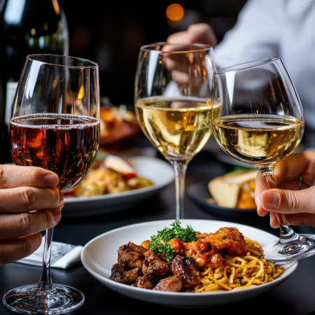 A group of people are enjoying a meal together, with wine glasses in hand. The table is set with plates of food, including spaghetti and meatballs, and a bottle of wine. The atmosphere is relaxedの素材