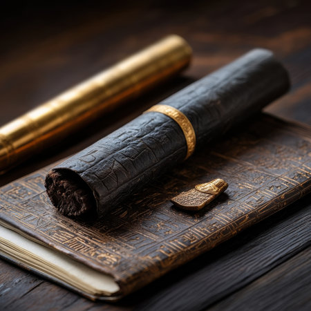 A book with a scroll of paper on top of it. The scroll is black and gold. A small gold object is on the scrollの素材