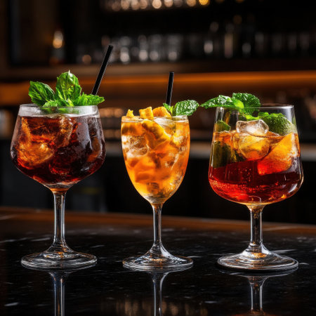 Three glasses of different colored drinks on a bar counter. The drinks are served in tall glasses with a green garnishの素材