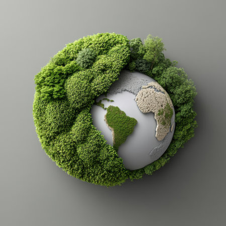 A globe made of trees and grass. The globe is green and white. The globe is a representation of the earthの素材