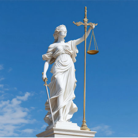 A statue of a woman holding a scale and sword. The statue is white and the sky is blueの素材