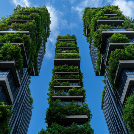 Three tall buildings with green plants growing on them. The sky is blue and clear. The buildings are very tall and have many windowsの素材