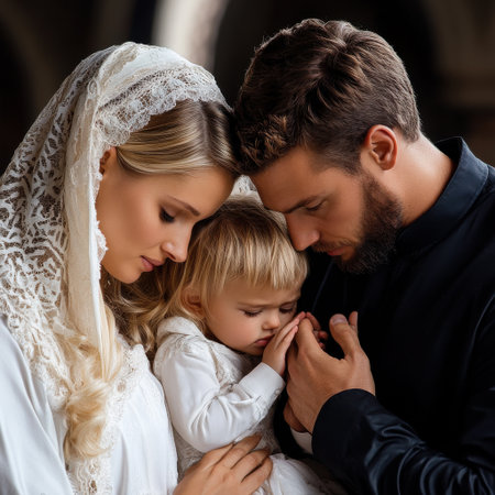A man and a woman are holding a baby and praying. The baby is crying and the man is trying to comfort it. Concept of love and care between the family membersの素材