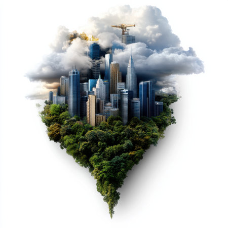 A city is shown in the middle of a forest, with a skyscraper in the background. Concept of harmony between nature and urban lifeの素材