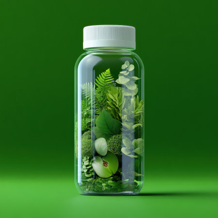 A glass bottle filled with green plants and a green background. Concept of freshness and natural beautyの素材