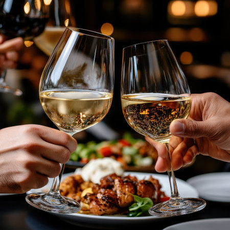 Two people are holding up their wine glasses to toast. The table is set with a variety of food, including a salad and a plate of chicken. The atmosphere is celebratory and socialの素材