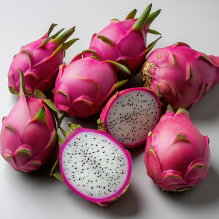 A bunch of red dragon fruit with one of them cut open. The fruit is ripe and ready to eatの素材