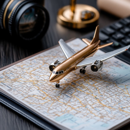 A gold airplane is sitting on a map. The airplane is on the map in the middle of the pageの素材