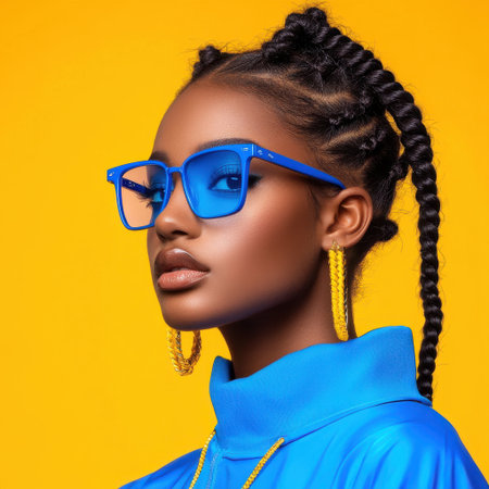A woman with blue glasses and yellow earrings is standing in front of a yellow background. Concept of confidence and style, as the woman is wearing a blue jacket and has her hair in a bunの素材