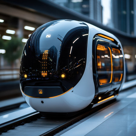 A futuristic train with a yellow stripe is on the tracks. The train is surrounded by tall buildings, giving the impression of a bustling city. The train is sleek and modernの素材