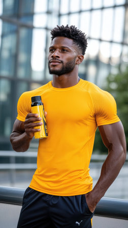 A man in a yellow shirt is holding a bottle of water. He is standing on a sidewalk next to a buildingの素材