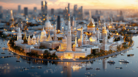 A city with a large building in the middle and a small island in the middle of the cityの素材