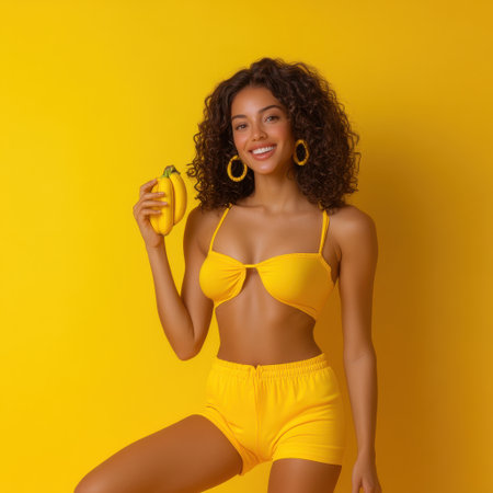 A woman in a yellow bikini holding a banana. The yellow color of the bikini and the banana creates a bright and cheerful moodの素材