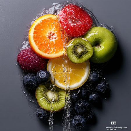 A close up of a fruit salad with a waterfall of water pouring over it. The fruits include oranges, kiwis, apples, and blueberries. The water droplets on the fruits create a sense of freshnessの素材