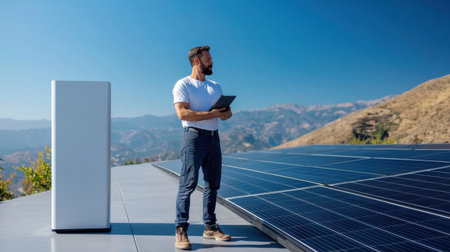 A man stands on a roof looking at a solar panel. He is holding a tablet in his handの素材