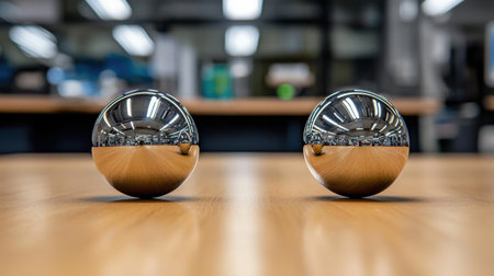Two shiny silver balls are sitting on a wooden table. The balls are reflecting the light from the overhead lights, creating a sense of depth and dimension. The scene evokes a feeling of curiosityの素材