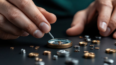 A person is working on a watch with a small screwdriver. The watch is made of metal and has a lot of small buttons. The person is focused on the task at handの素材