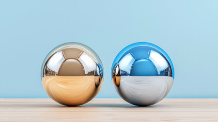 Two shiny, metallic spheres sit on a wooden table. The spheres are identical in size and shape, and they are both reflecting the light in the room. Concept of harmony and balanceの素材