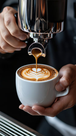 A barista is pouring coffee into a white cup with a heart design. The coffee is poured from a machine, and the barista is holding the cup in his hand. Concept of warmth and comfortの素材