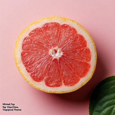 A close up of a red grapefruit with the words "Top View" written above it. The image has a tropical theme and is set on a pink backgroundの素材