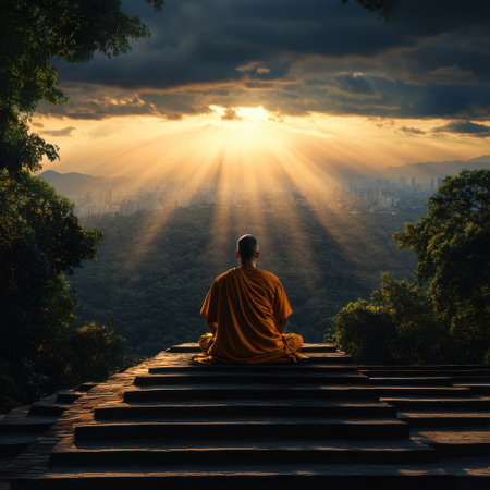 A man in a yellow robe is sitting on a stone staircase, looking up at the sun. The scene is peaceful and serene, with the man in the foreground and the sun in the backgroundの素材