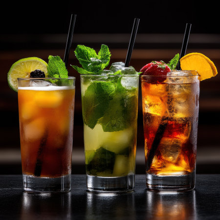 Three drinks with straws in them, one is a tea, one is a cocktail, and one is a sodaの素材