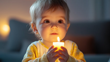 A baby holding a candle in its hand. The baby is looking at the camera with a smile on its face. The candle is lit, and the room is dimly lit. Concept of warmth and comfortの素材
