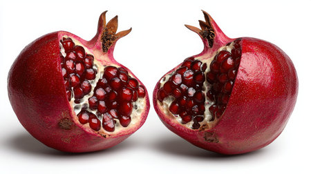 Two red pomegranates are cut in half, revealing their juicy, red seeds. Concept of freshness and abundance, as the pomegranates are a symbol of health and vitalityの素材
