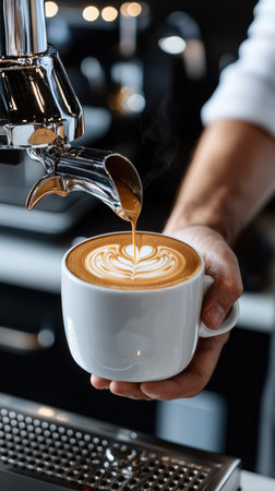 A barista is pouring coffee into a white cup with a heart design. The coffee is being poured from a machine, and the barista is holding the cup in his hand. Concept of warmth and hospitalityの素材