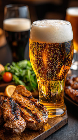 A plate of grilled meat and vegetables sits on a wooden table next to a full glass of beerの素材