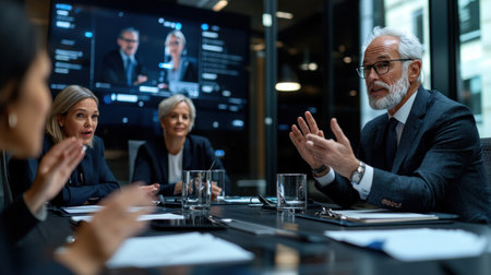 A group of people are sitting around a table in a conference room. A man in a suit is speaking to the groupの素材