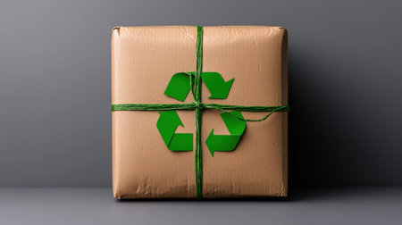 A brown cardboard box with a green ribbon and a green arrow on it. The arrow is pointing to the top of the boxの素材