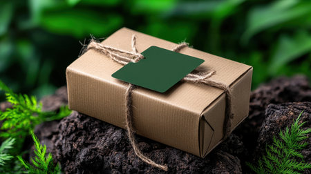 A brown box with a green tag on it is sitting on a rock. The box is tied with a green stringの素材