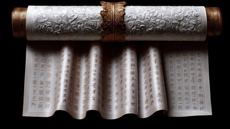 A scroll of paper with Chinese characters on it. The scroll is white and gold. The scroll is rolled up and hanging from a wallの素材