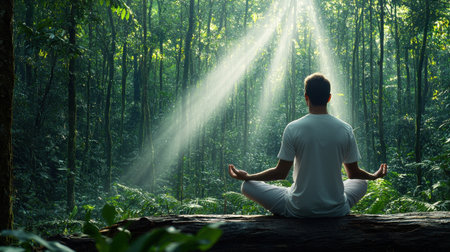 A man is sitting on a log in a forest, meditating. The sunlight is shining through the trees, creating a peaceful and serene atmosphereの素材