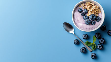 A bowl of blueberries and oatmeal with a spoon. The bowl is on a blue backgroundの素材