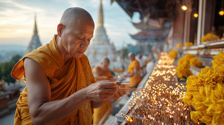 A monk is lighting candles in a temple. The scene is peaceful and serene, with the monk focused on his taskの素材