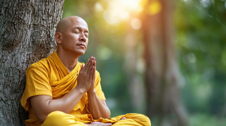 A man in a yellow robe is sitting under a tree and praying. Concept of peace and tranquility, as the man is in a serene environment and is focused on his spiritual practiceの素材