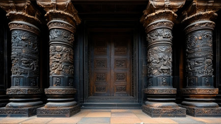 A large, ornate doorway with intricate carvings on the pillars. The door is made of wood and has a dark brown color. The pillars are also carved with designsの素材