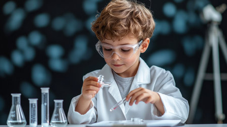 A young boy in a lab coat is conducting an experiment with various glass beakers and test tubesの素材