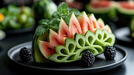 A plate of watermelon slices with blackberries and mint leaves. The plate is black and the watermelon slices are arranged in a flower shapeの素材