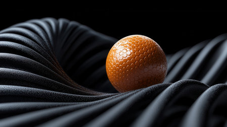 A small orange ball is sitting on a black surface. The ball is surrounded by a black background, which creates a sense of depth and contrastの素材