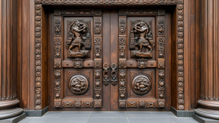 The door is carved with a lot of detail and has a lot of ornate designs. It is made of wood and has a lot of intricate carvingsの素材