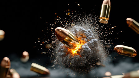 A close up of a bullet with a lot of smoke and fire surrounding it. Concept of danger and destructionの素材