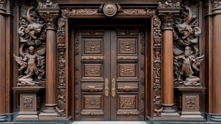 The front of a building has a very ornate design, with many statues and carvings. The door is made of wood and has gold handles. Scene is one of grandeur and sophisticationの素材