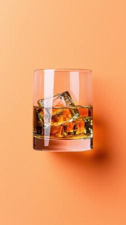 A glass of liquor with ice cubes in it is shown on a bright orange background. Concept of relaxation and enjoyment, as the ice cubes in the glass suggest a cool and refreshing drinkの素材
