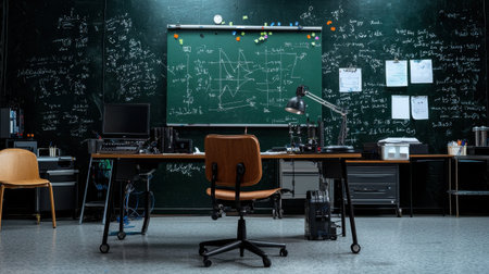 A blackboard with equations and a desk with a chair and a lamp. The room is empty and the mood is seriousの素材