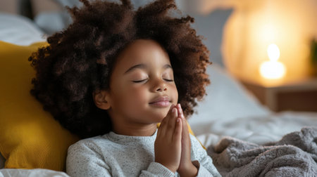 A young girl is praying in bed. She is wearing a white shirt and is laying on a yellow pillowの素材