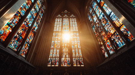 The stained glass windows of a church are illuminated by the sun. The light shines through the colorful glass, creating a warm and peaceful atmosphereの素材